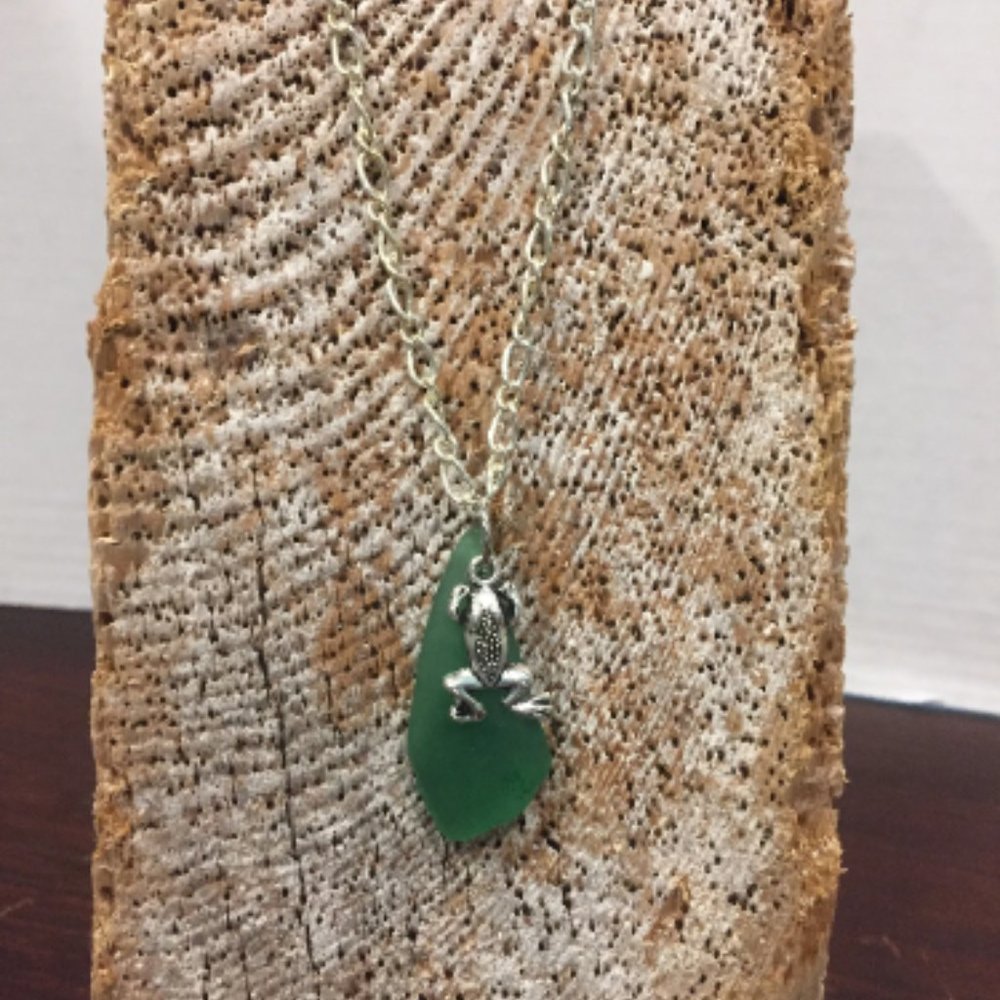 Authentic Green Sea Glass Pendant with Frog Charm 22" 925 Sterling Silver Chain